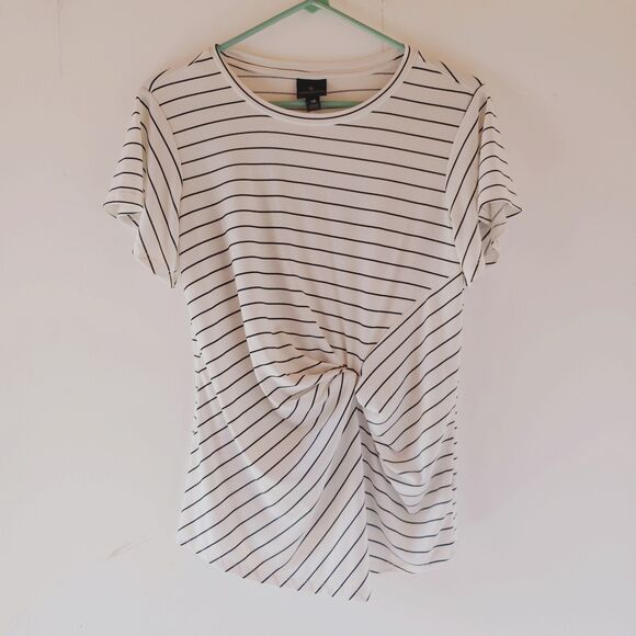 WORTHINGTON Women's Blouse Short Sleeve Striped Print Round Neck Stretch XS Knot - Picture 1 of 5